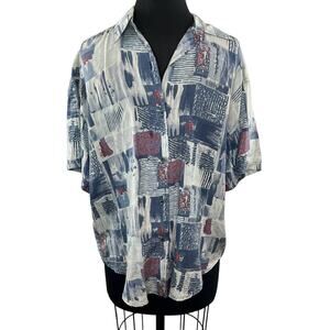 VTG Sophisticates Jonathan Martin Blue Patchwork Silk SS Button-Up Shirt Top M